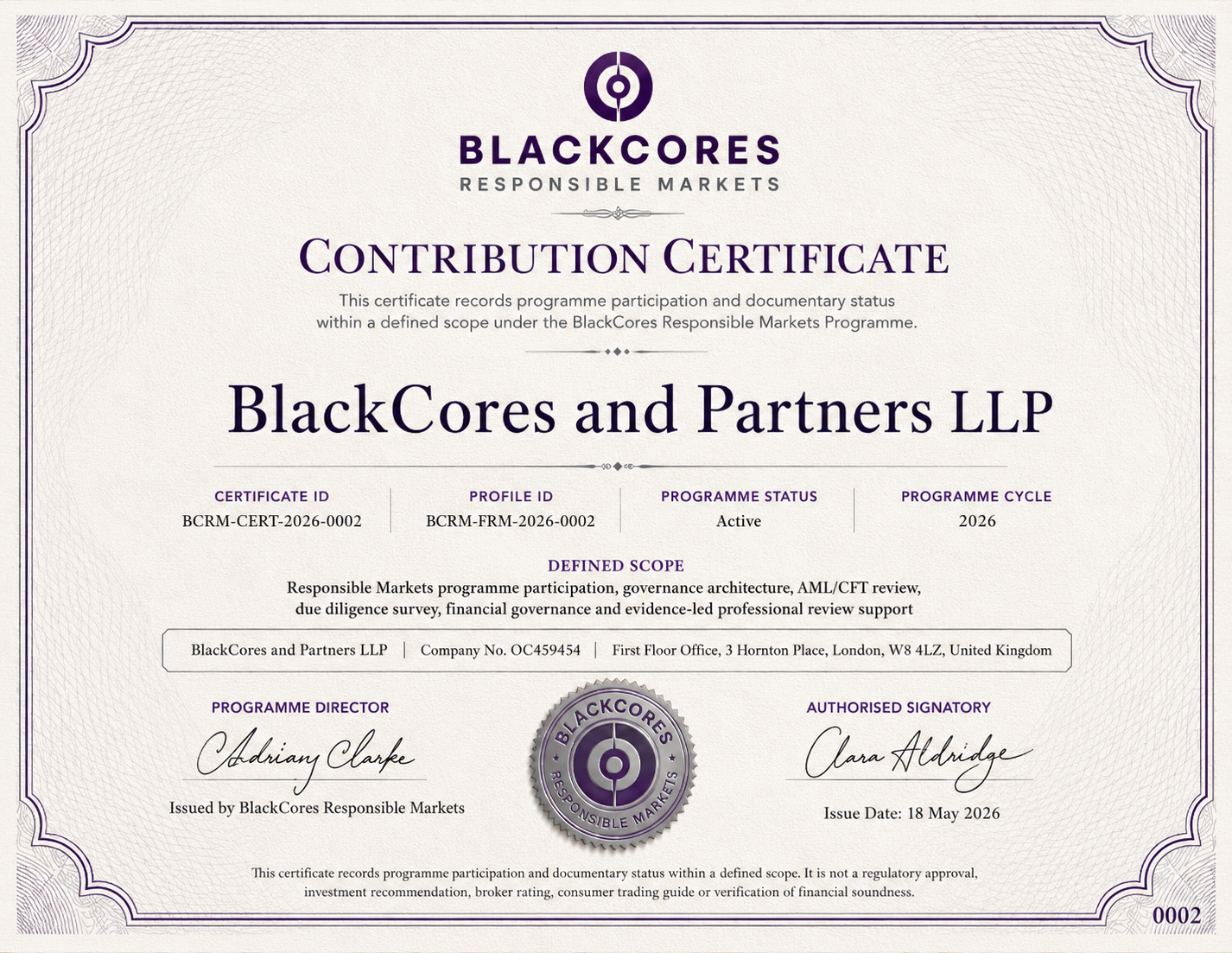 Example BlackCores Responsible Markets contribution certificate for a participating organisation, showing certificate and profile identifiers, status, defined scope and programme seal.