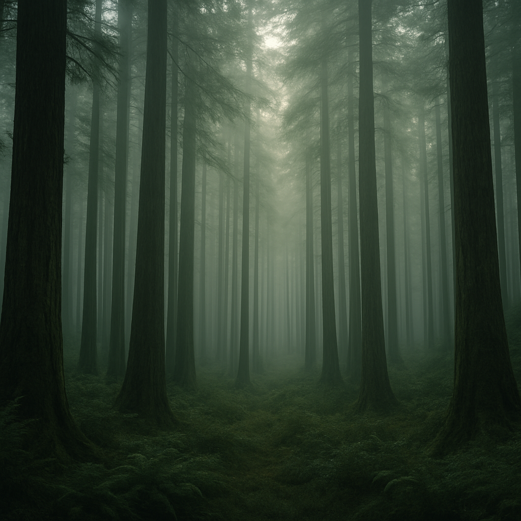 Old-growth forest receding into morning mist