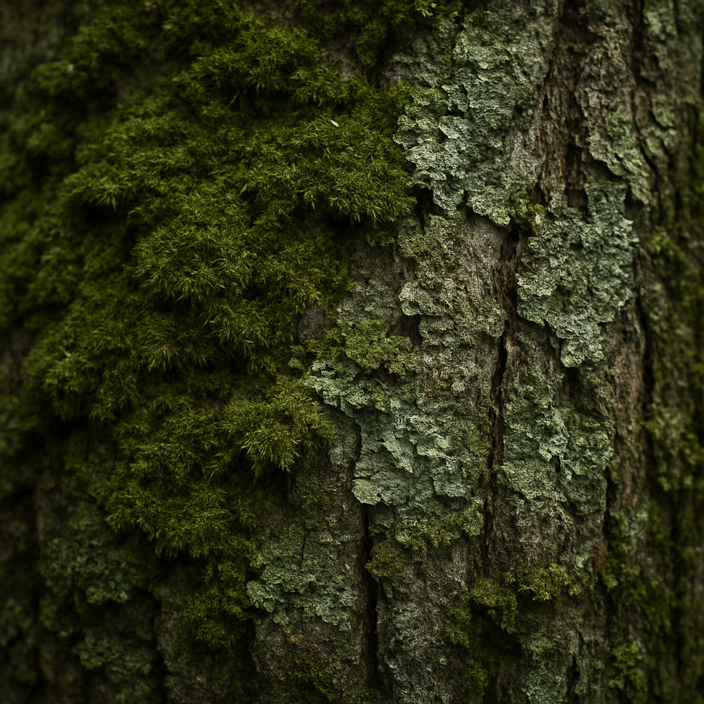 Moss and lichen on aged bark — slow, careful growth
